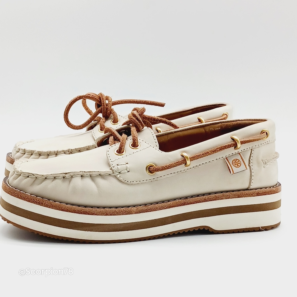 🔥 Last Call Tory Burch Joey Flat Form Boat  Nubuck Shoes 63759 Size 5 Women - Picture 2 of 11